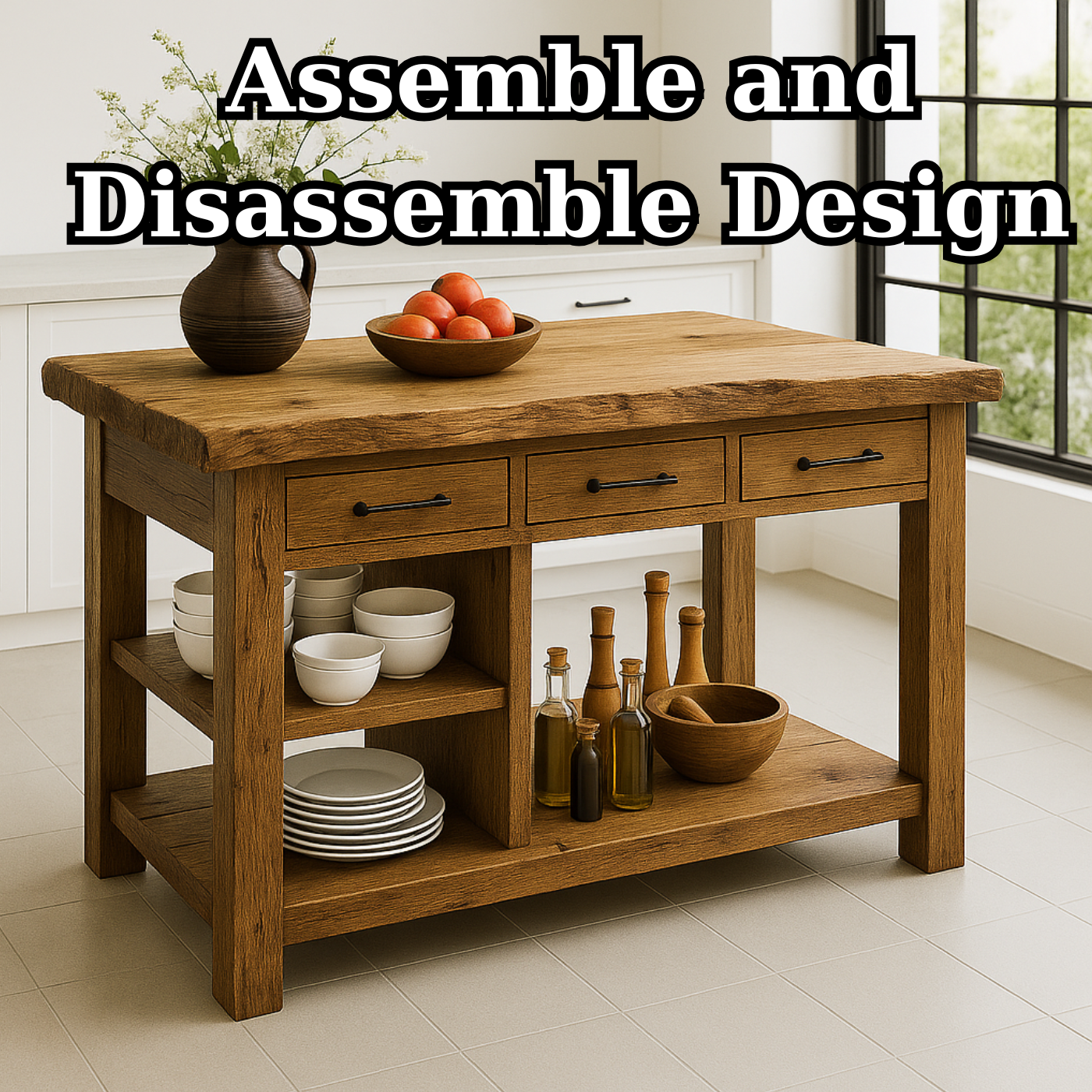 Handcrafted Solid Wood Kitchen Island - Live-Edge Top, 3 Drawers & Shelves