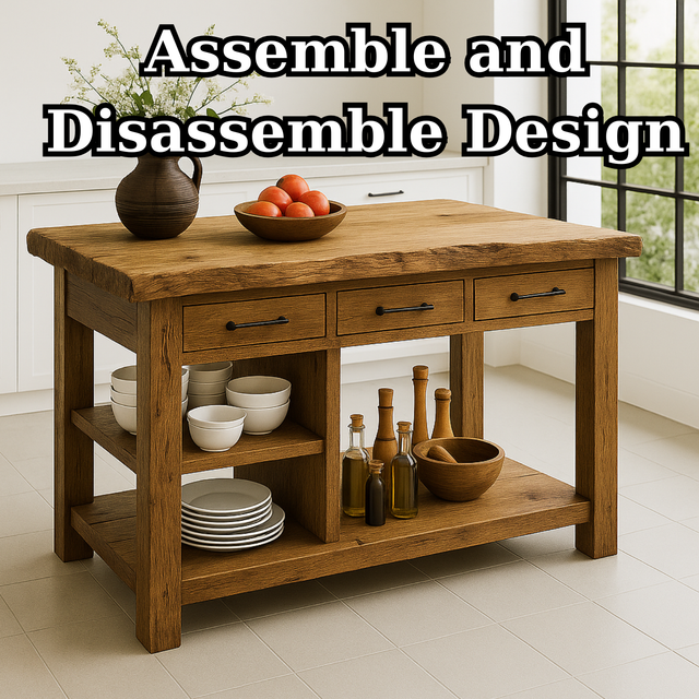 Handcrafted Solid Wood Kitchen Island - Live-Edge Top, 3 Drawers & Shelves