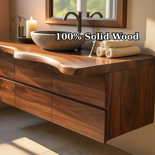 Handcrafted Solid Wood Vanity - Wide Floating Live Edge Cabinet with Drawers