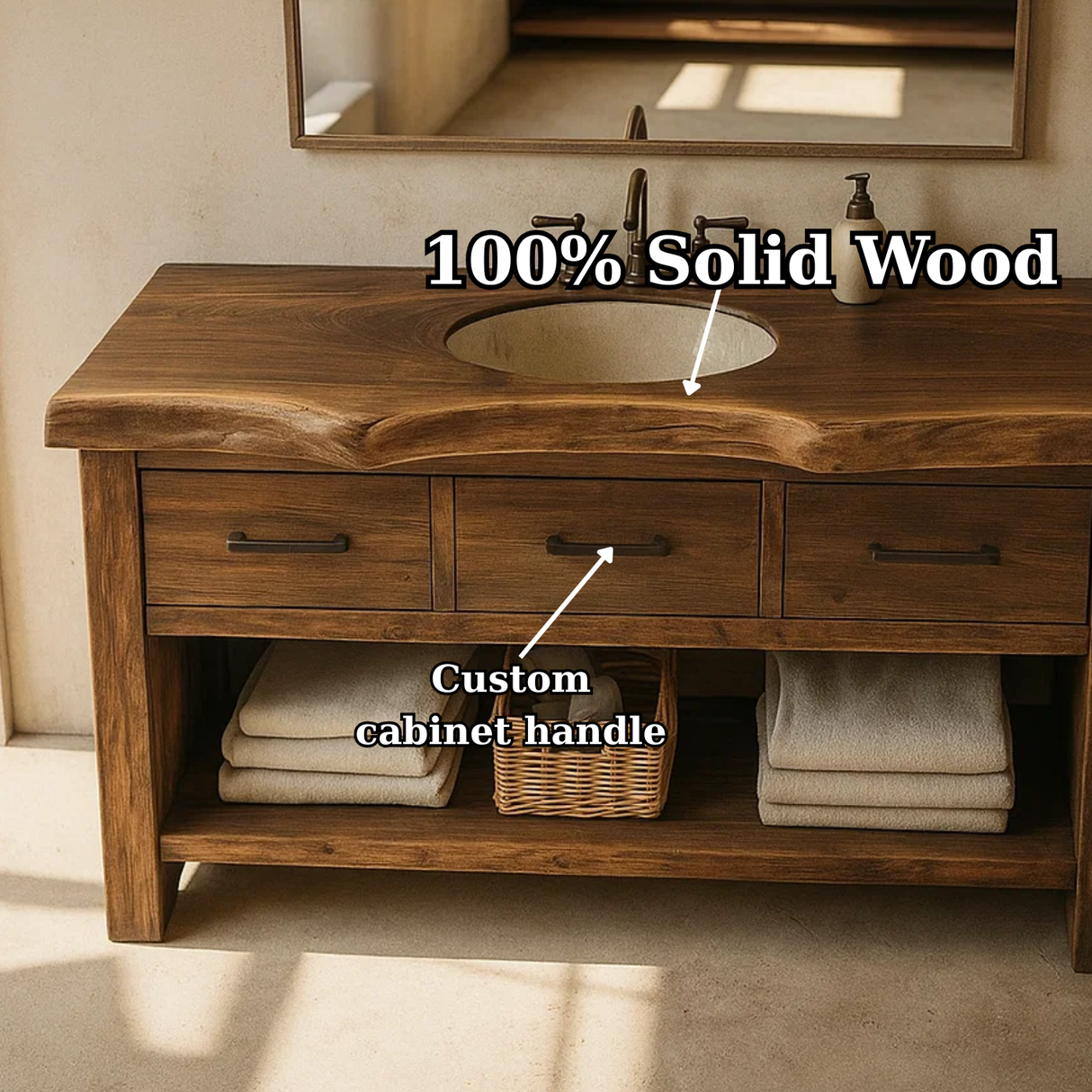 Handcrafted Solid Wood Bathroom Vanity with Live Edge Top, Triple Drawers & Open Storage Shelf