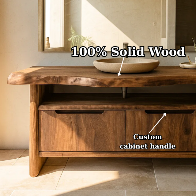 Handcrafted Solid Wood Bathroom Vanity with Live-Edge Walnut Top & Soft-Close Doors