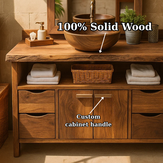 Handcrafted Solid Wood Bathroom Vanity with Live Edge Walnut Top and Double Storage Cabinets