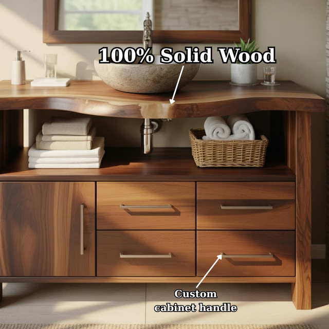 Handcrafted Solid Wood Bathroom Vanity with Live Edge Walnut Top and Storage Cabinet