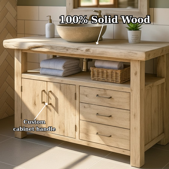 Handcrafted Solid Wood Bathroom Vanity with Live Edge Oak Top, 3 Drawers and Double Cabinet