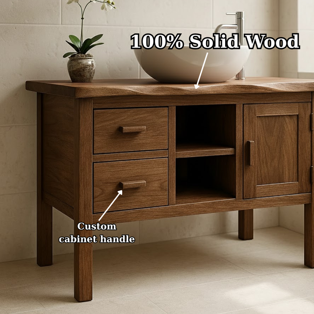 Handcrafted Solid Wood Bathroom Vanity - Live Edge Top, 2 Drawers & Open Frame Shelving (Copy)