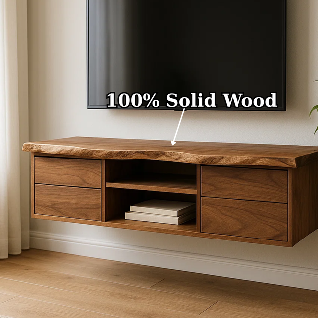Handcrafted Solid Wood Floating TV - Live Edge Walnut, 4 Drawers & Open Shelf