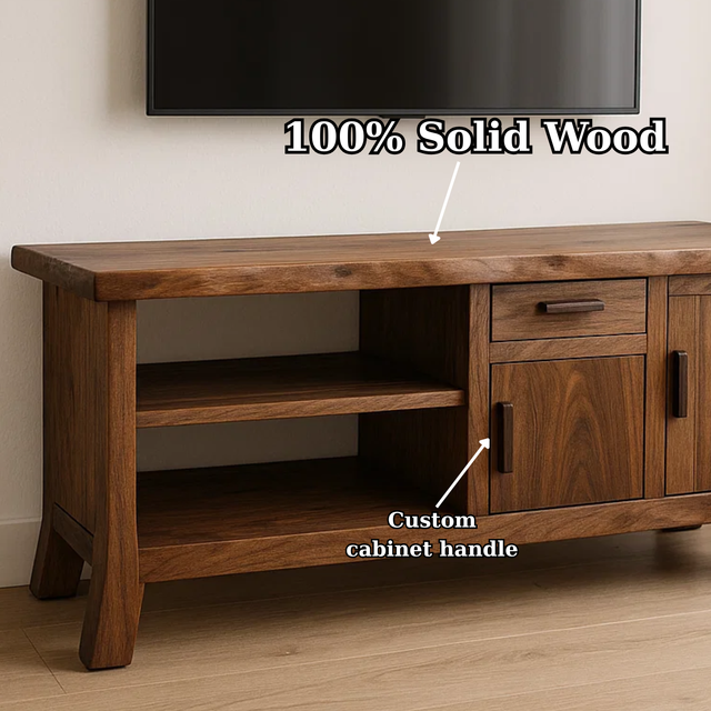 Handcrafted Solid Wood TV Stand - Live Edge Console, Drawer, Cabinet & Open Shelves
