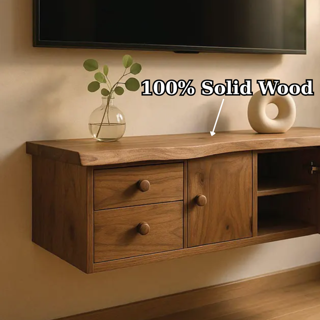 Handcrafted Solid Wood Floating TV Stand, Live Edge Media Console with Cabinet & Drawers