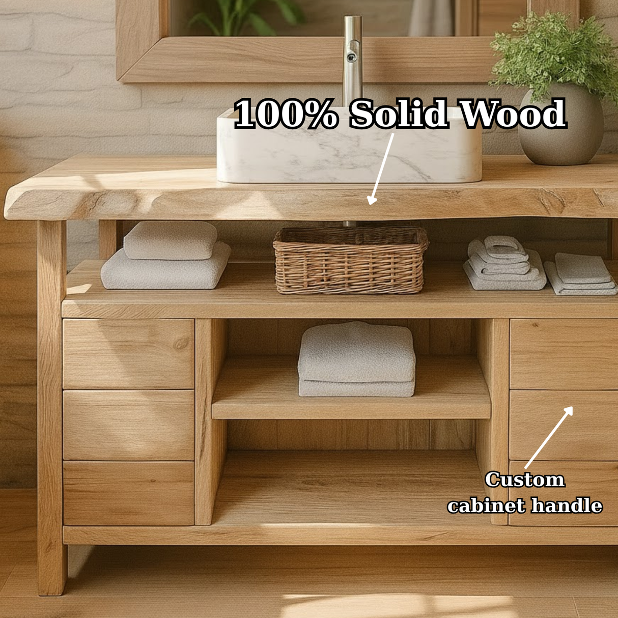 Handcrafted Solid Wood Bathroom Vanity with Live Edge Maple Top and Open Shelf Storage