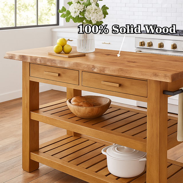 Handcrafted Solid Wood Kitchen Island - Slatted Shelves & Towel Bar
