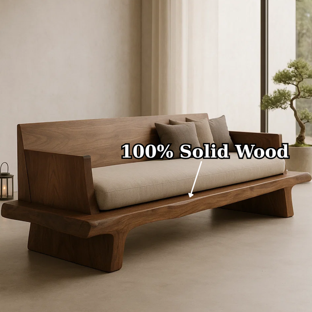 Handcrafted Solid Wood Sofa – Minimalist Wooden Couch with Natural Live Edge Base