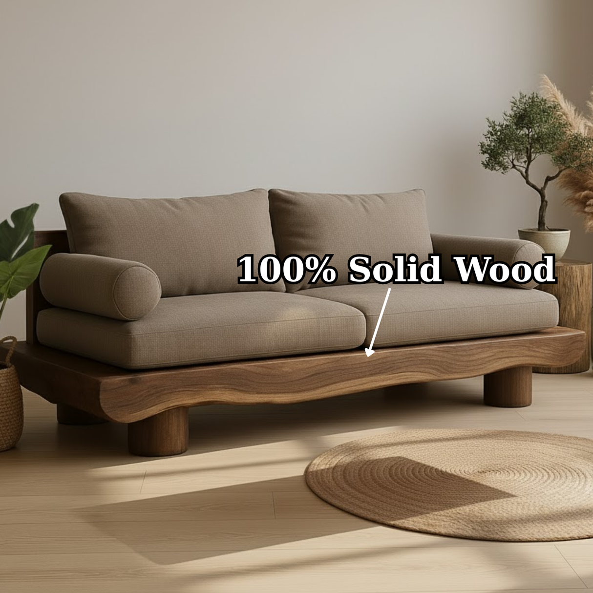 Handcrafted Solid Wood Sofa – Rustic Live Edge Wooden Couch with Modern Minimal Design