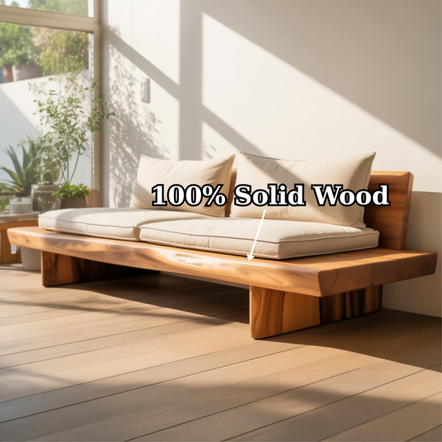 Handcrafted Solid Wood Sofa – Low Minimalist Design with Natural Live Edge and Linen Cushions