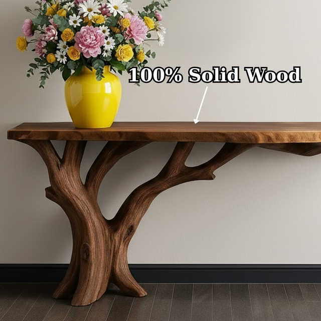 Handcrafted Solid Wood Console Table with Organic Branch Base and Live Edge Top