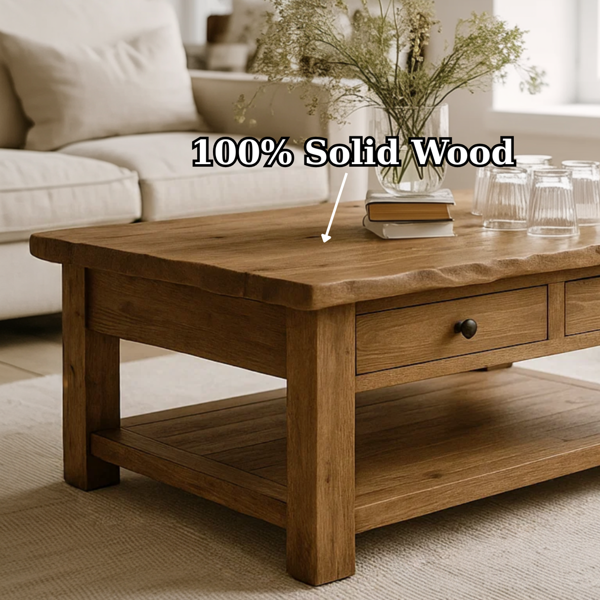 Handcrafted Solid Wood Coffee Table – Natural Slab Top with Two-Drawer Design