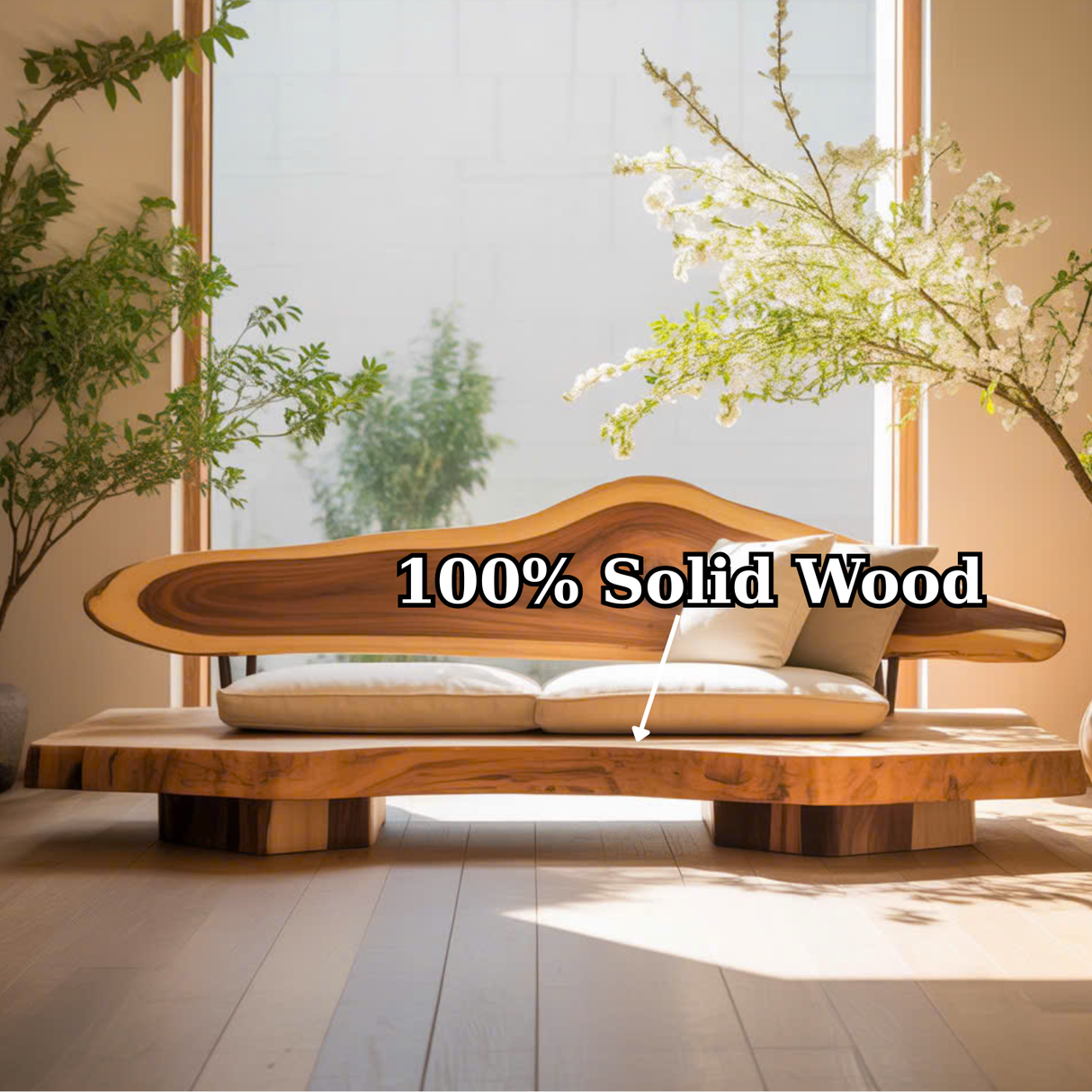 Handcrafted Solid Wood Sofa – Sculptural Live Edge Couch with Organic Form and Linen Cushions