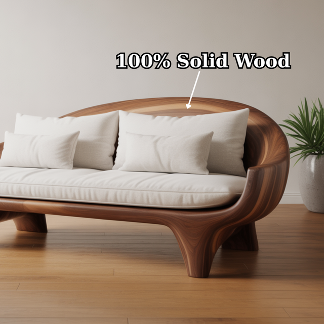 Handcrafted Solid Wood Sofa – Modern Organic Wood Couch with Smooth Curves and Linen Cushions