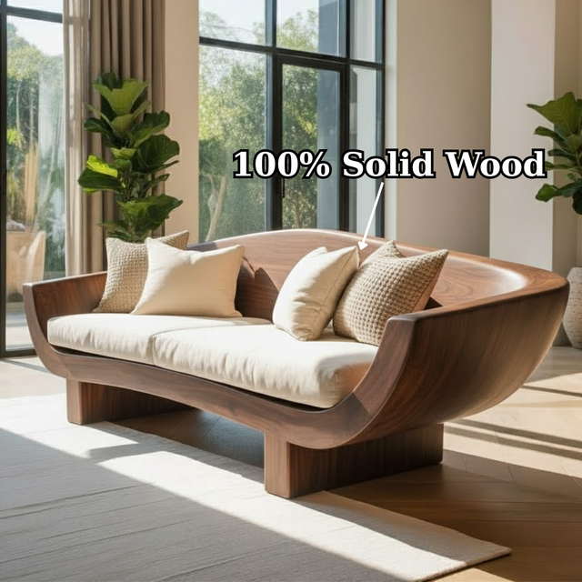 Handcrafted Solid Walnut Sofa – Modern Sculptural Wood Couch with Curved Organic Design