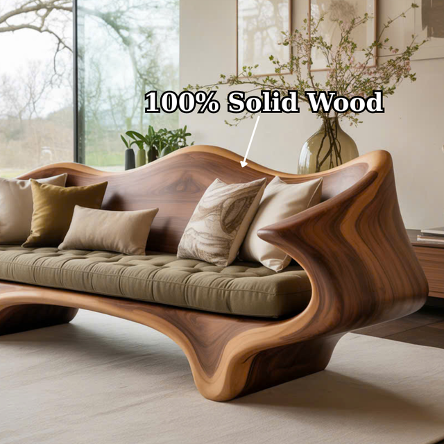 Handcrafted Solid Wood Sofa – Sculptural Organic Wood Couch with Artistic Curves and Cushion Seat