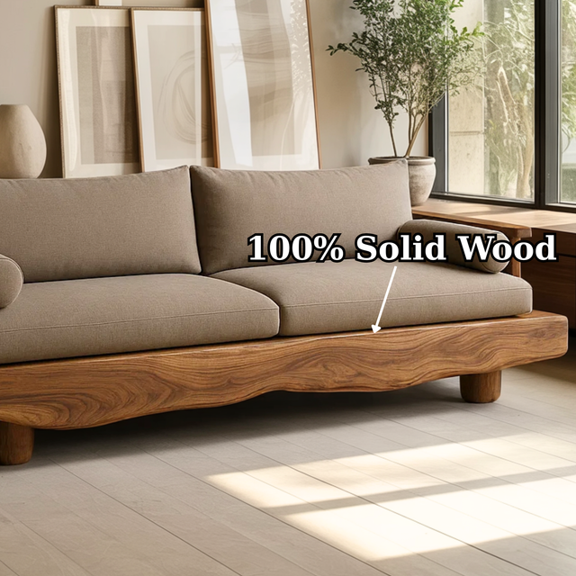 Handcrafted Solid Wood Sofa – Rustic Live Edge Wood Couch with Modern Minimalist Cushion Design