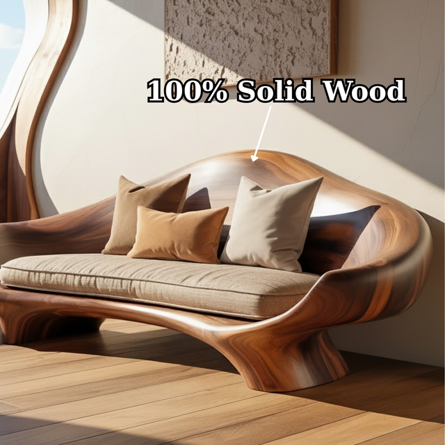 Handcrafted Solid Wood Sofa – Sculptural Organic Wood Couch with Smooth Curves and Linen Cushion