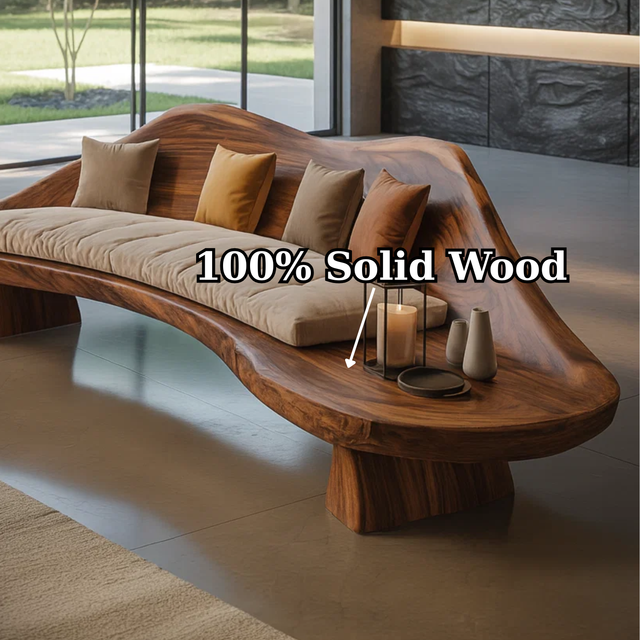 Handcrafted Solid Wood Sofa – Sculptural Wave-Form Wood Couch with Organic Curves and Cushion Seat