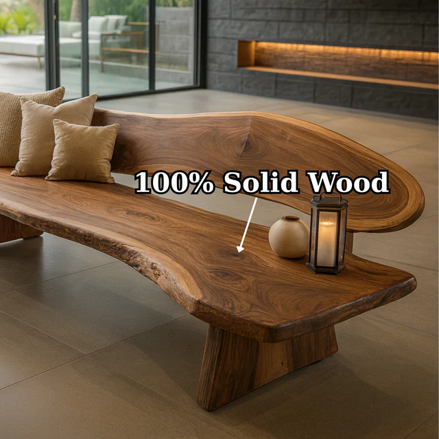 Handcrafted Solid Wood Sofa – Rustic Live Edge Sculptural Bench Couch with Organic Flowing Form