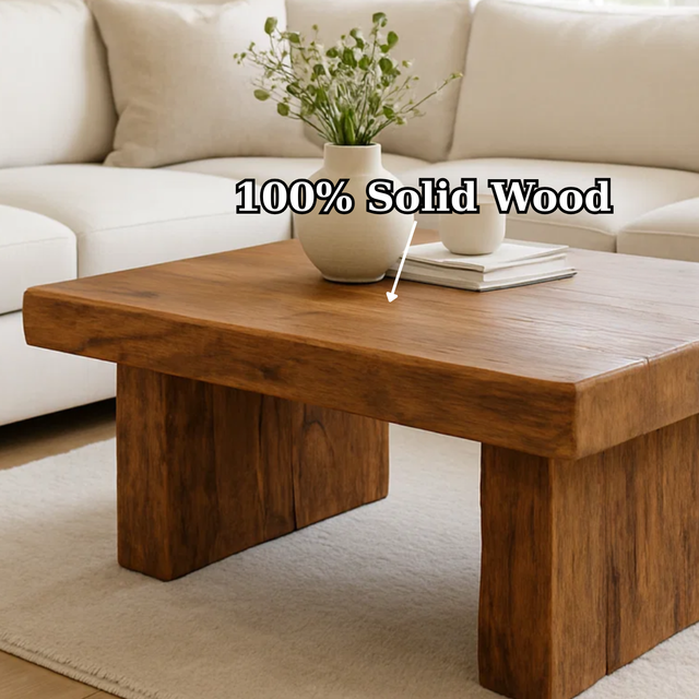 Handcrafted Solid Wood Coffee Table – Rustic Block Base Design for Living Room