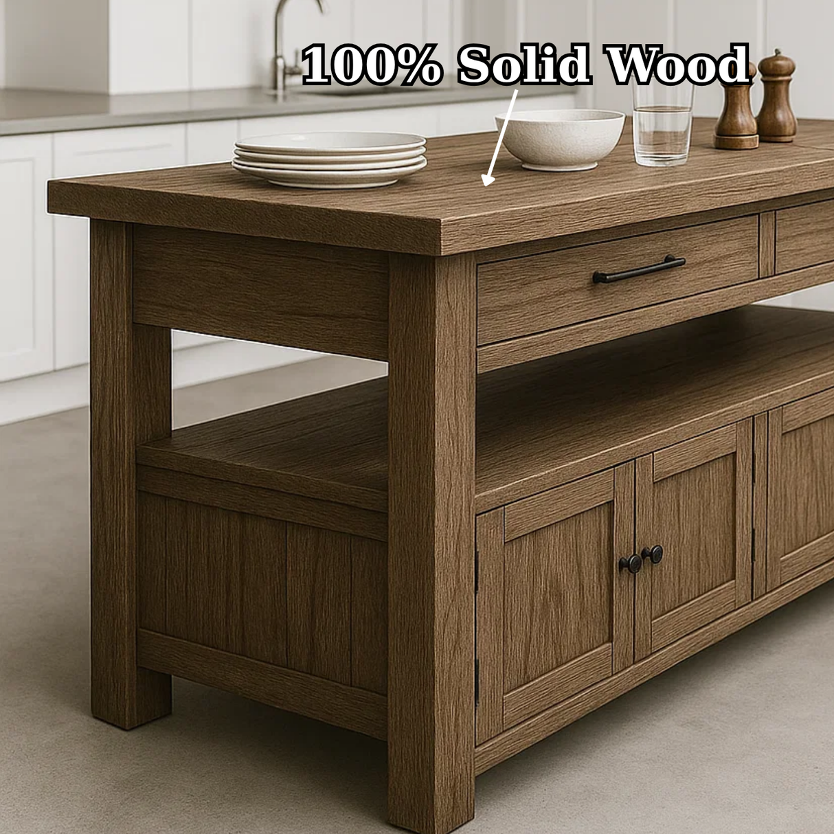 Handcrafted Solid Wood Kitchen Island - Long Design, Drawers & Cabinets