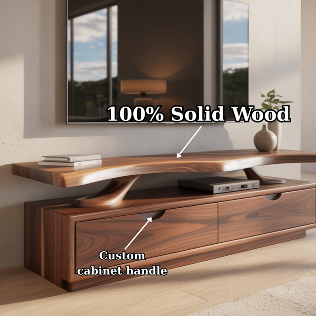 Handcrafted Solid Wood TV Stand with Sculpted Live-Edge Floating Shelf