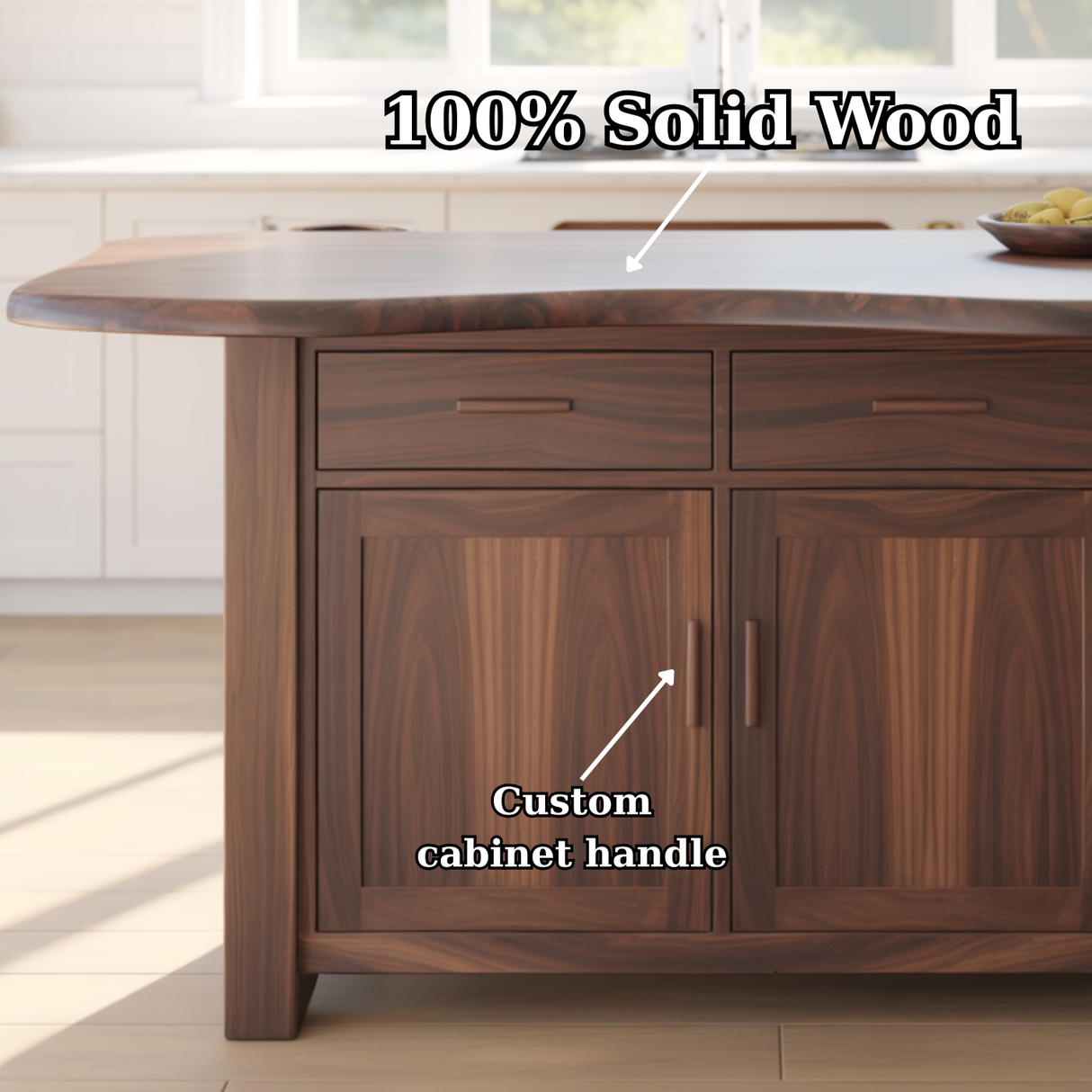 Handcrafted Solid Wood Kitchen Island with Live-Edge Curved Top and Spacious Storage