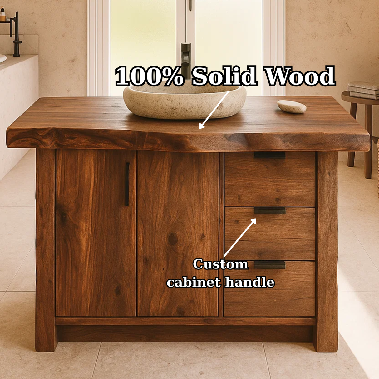 Handcrafted Solid Wood Bathroom Vanity with Live-Edge Top and Modern Storage Drawers