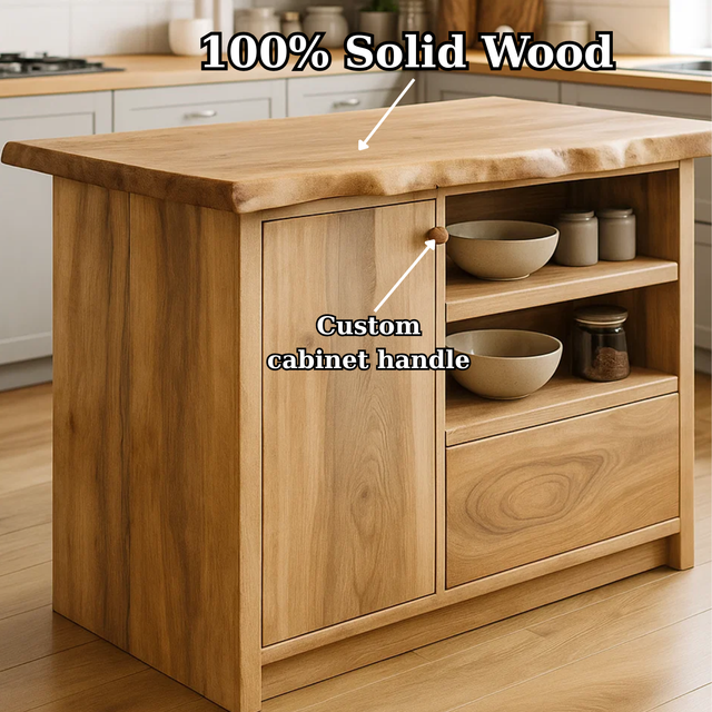 Handcrafted Solid Wood Kitchen Island with Live-Edge Top and Open Storage Shelves