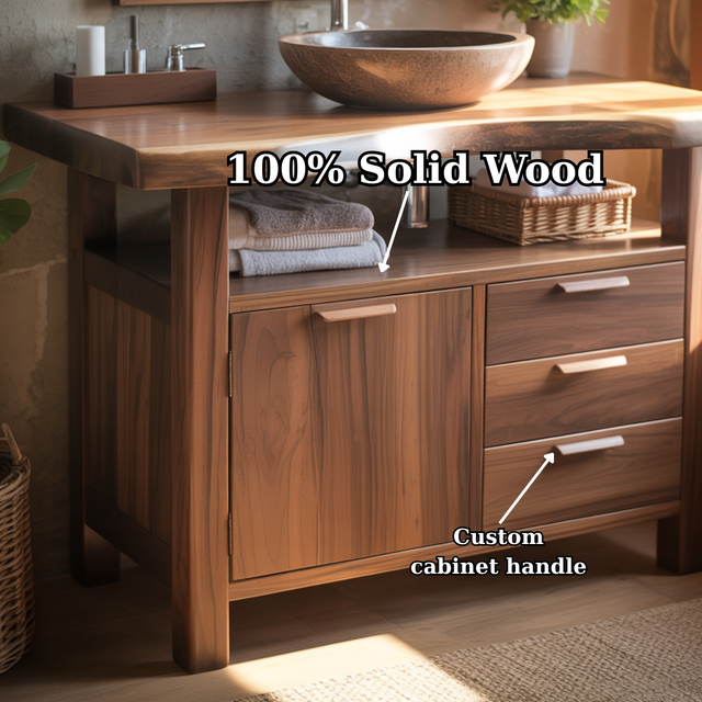 Handcrafted Solid Wood Bathroom Vanity with Live Edge Walnut Top and Storage Drawers