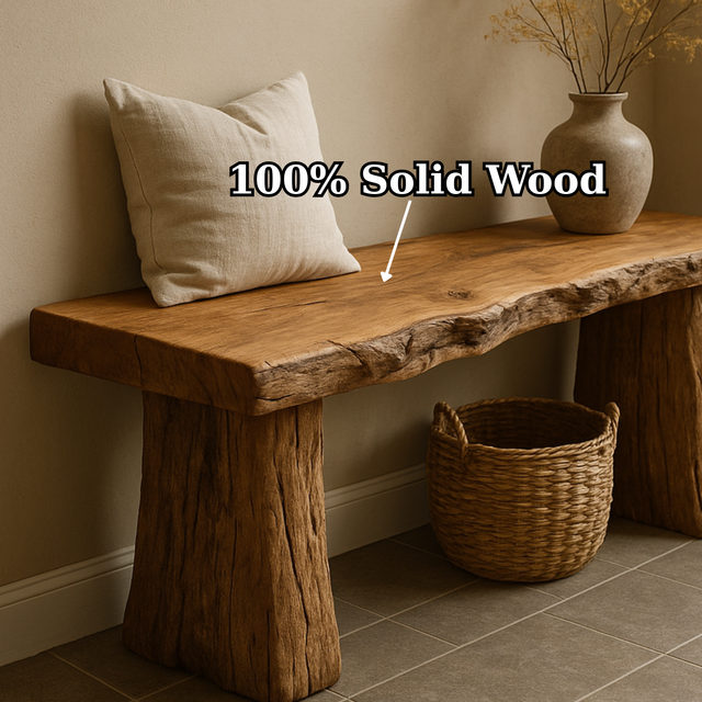 Handcrafted Solid Wood Rustic Bench – Natural Live-Edge Slab Entryway Seating