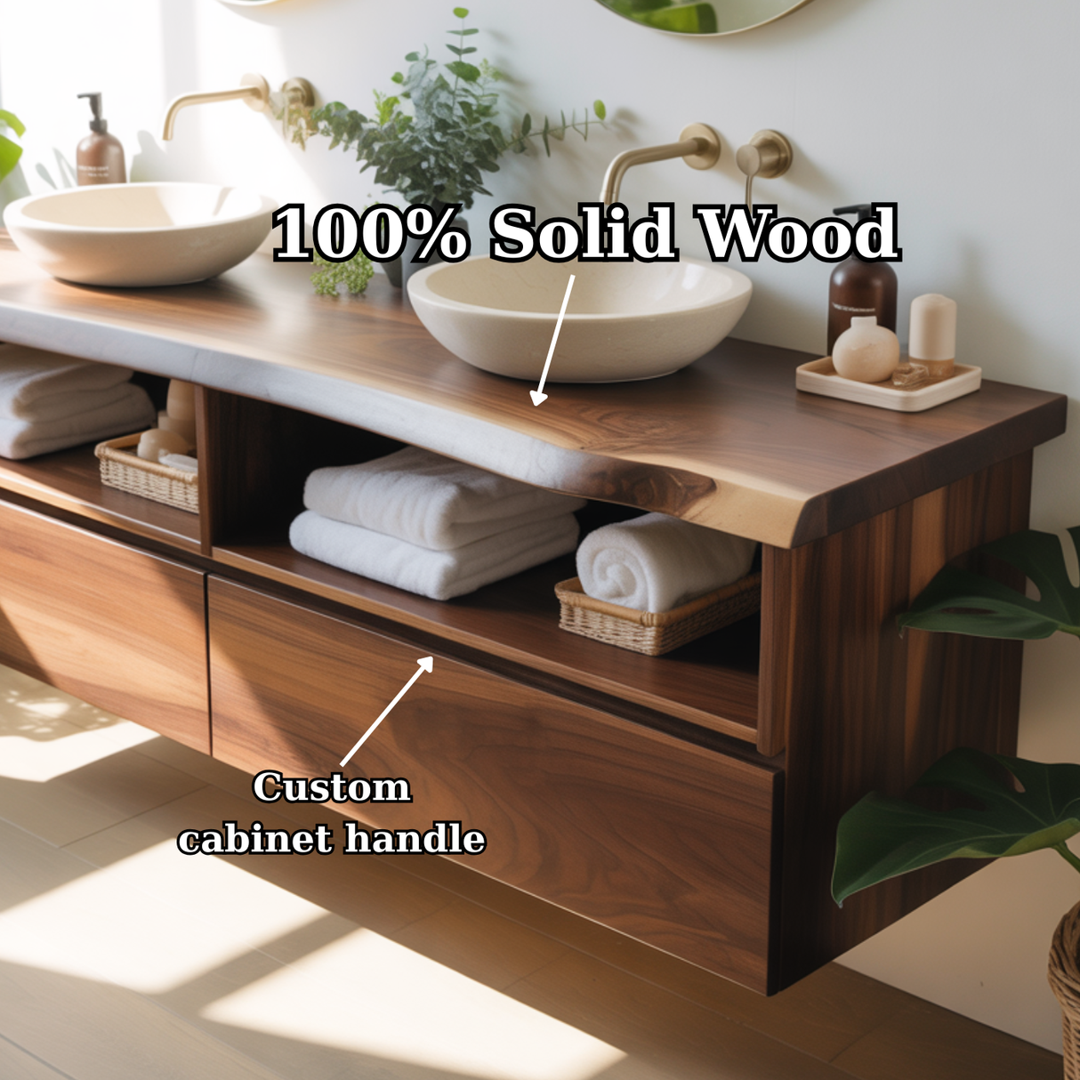 Handcrafted Solid Wood Floating Bathroom Vanity with Open Shelves & Soft-Close Drawers