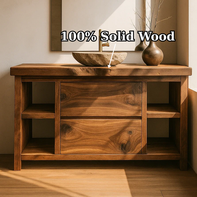 Handcrafted Solid Wood Bathroom Vanity with Live Edge Top and Curved Drawer Design