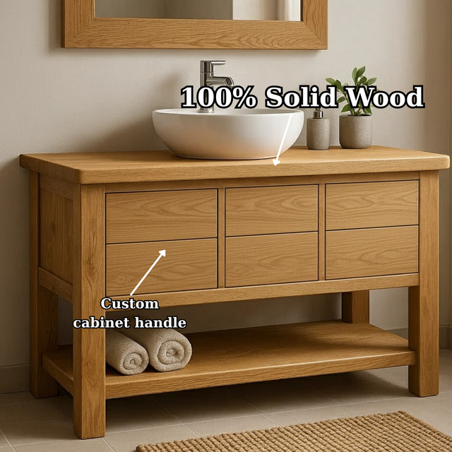 Handcrafted Solid Wood Bathroom Vanity with Oak Finish and Open Shelf