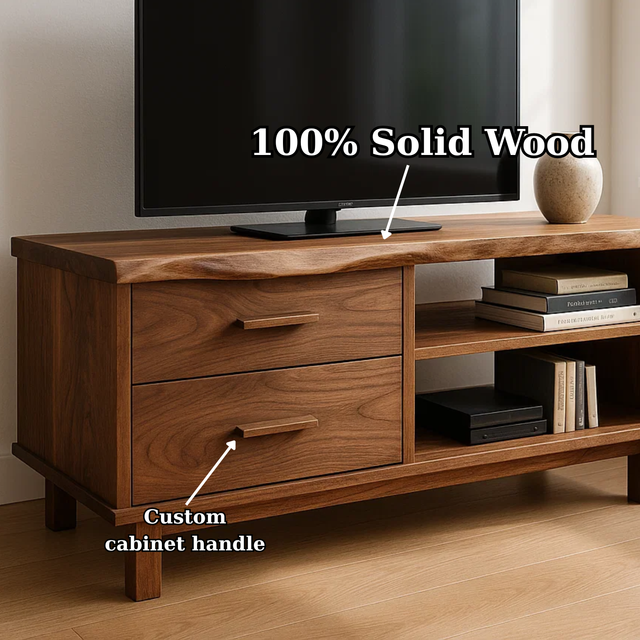 Handcrafted Solid Wood TV Stand with Live Edge Walnut Top and Open Shelves