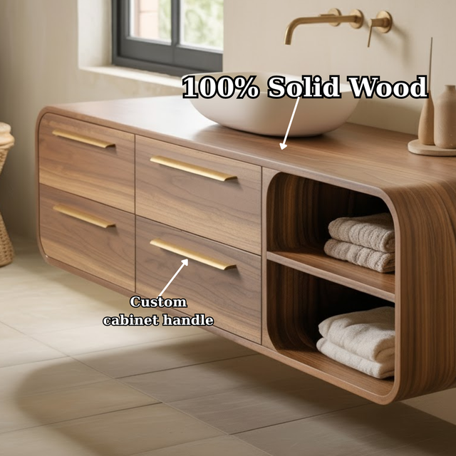 Handcrafted Solid Walnut Floating Vanity: Minimalist Gold Handle Bathroom Storage