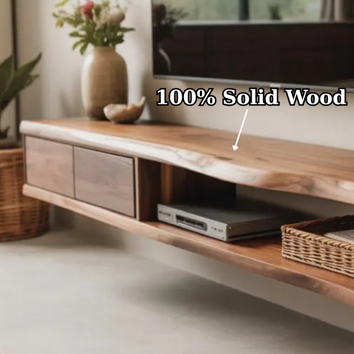 Handcrafted Solid Wood Floating TV Stand, Live Edge Media Console, Wall-Mounted