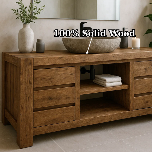Handcrafted Solid Wood Bathroom Vanity - Wide Rustic Storage Cabinet with Drawers & Shelf