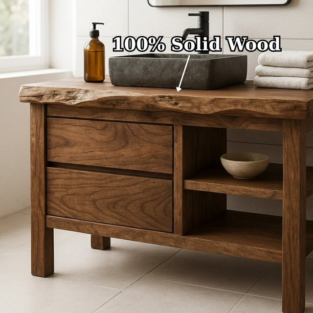 Handcrafted Solid Wood Bathroom Vanity with Live Edge Top and Open Shelf