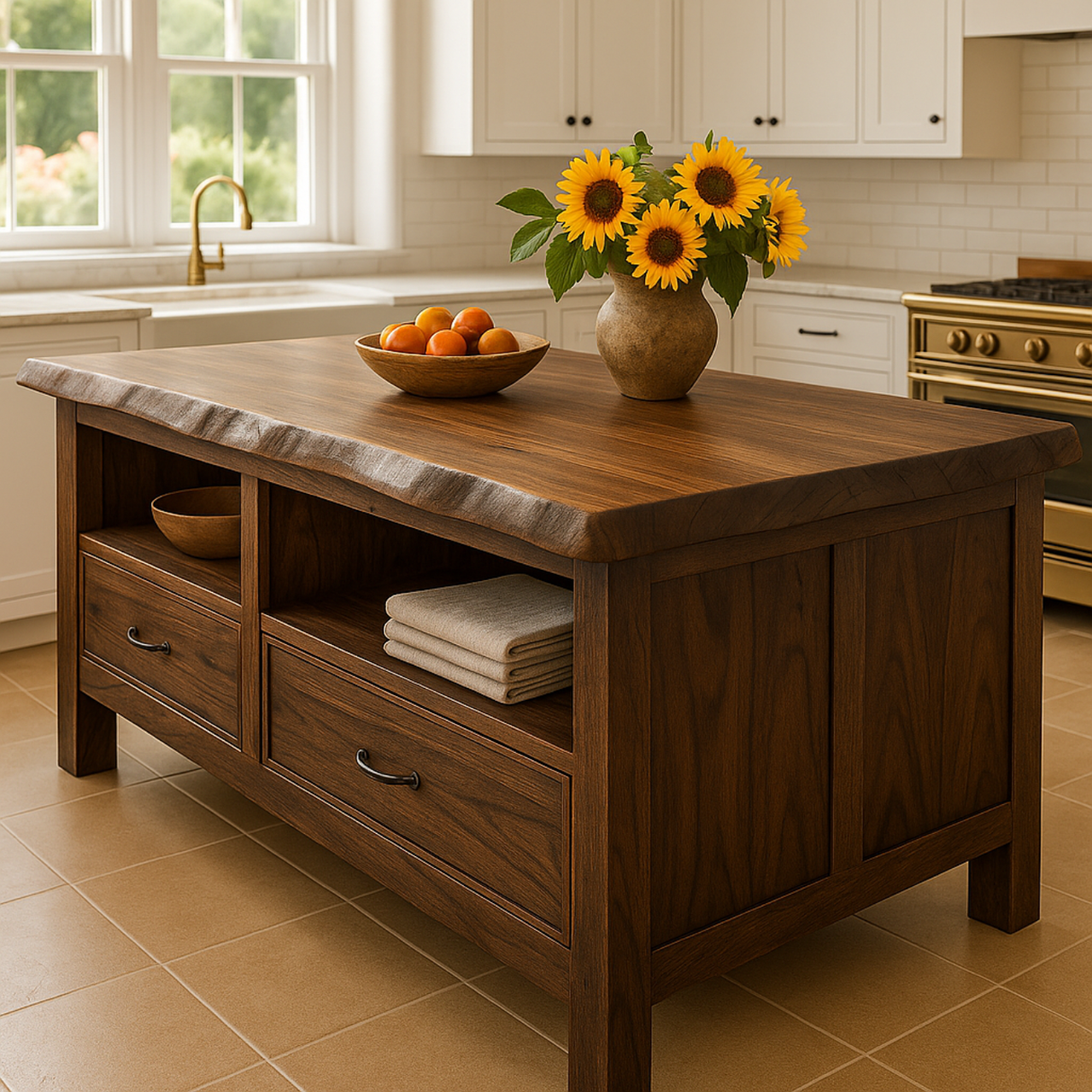 Handcrafted Solid Wood Kitchen Island - Live-Edge & Storage