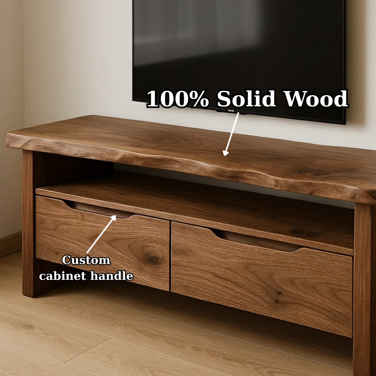 Handcrafted Solid Wood TV Stand with Live Edge Walnut Top and Dual Drawers