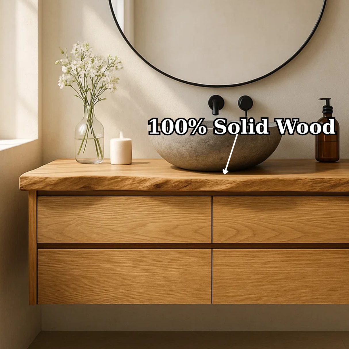 Handcrafted Solid Wood Floating Bathroom Vanity with Live Edge Top - Minimalist Modern Design