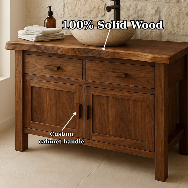 Handcrafted Solid Wood Bathroom Vanity - Live Edge Top Cabinet with Drawers & Doors