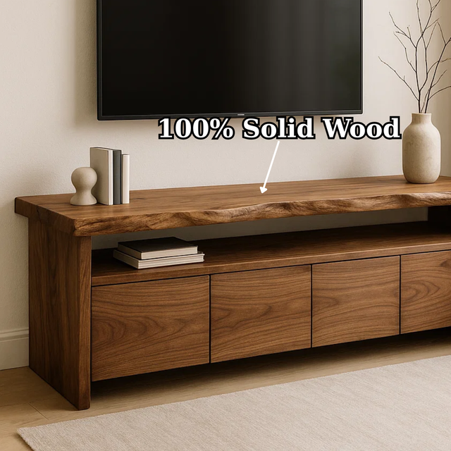 Handcrafted Solid Wood TV Stand with Live Edge Top and Hidden Storage Drawers