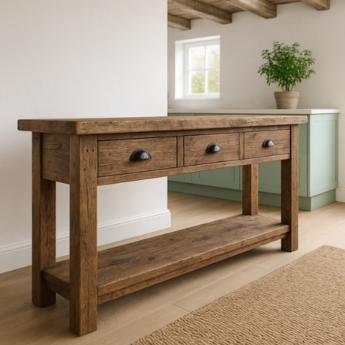 Rustic Solid Wood Console Table with Black Iron Handles, Handcrafted