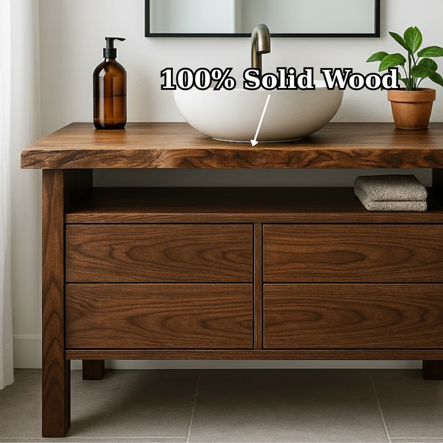 Handcrafted Solid Wood Bathroom Vanity with Live Edge Top and Minimalist Design